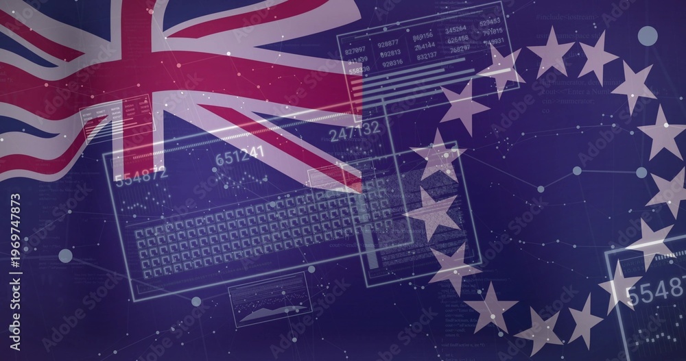 Obraz premium Displaying graphic blending Union Jack and EU star ring in dashboard, HUD panels, numeric data