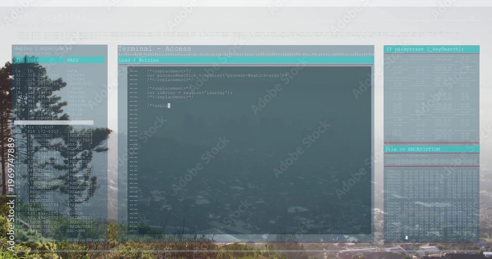 Fototapeta premium Floating translucent terminal GUI showing three-panel code and prompt on hillside, rooftops