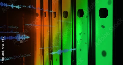 Displaying translucent panels with circular cutouts and seams in exhibit, blue waveform overlays