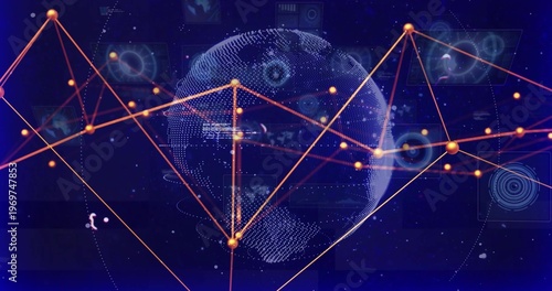Rotating stylized blue dotted globe pulsing in virtual interface, with orange nodes and HUD