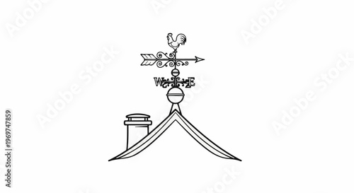 Stylized line drawing of a rooftop weather vane with a rooster and chimney