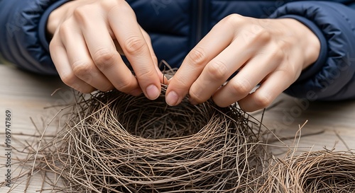 Hands crafting nest with natural branches, symbolizing new beginnings