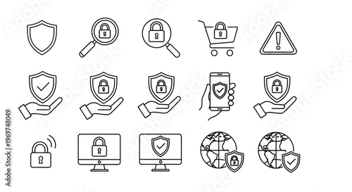 Modern linear vector icon collection for cybersecurity, digital protection, and online privacy. Illustrates concepts like secure internet access, data safety, and user authentication