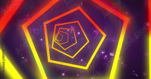 Spiraling neon pentagon frames receding into purple tunnel, showing nebula clouds, scanlines