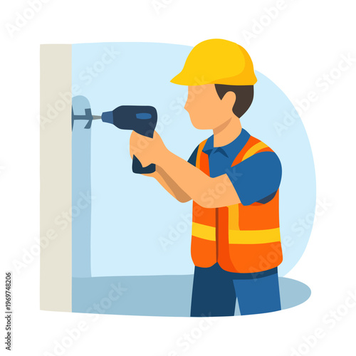 Flat illustration of construction worker using electric drill on wall, representing repair work, installation process and professional building services.