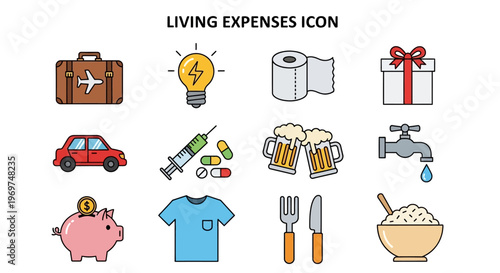 Collection of icons representing various living expenses, including travel, housing, health, food, and clothing, suitable for financial planning and budgeting applications