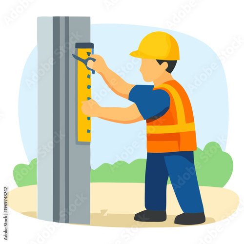 Illustration of construction worker fixing panel onto concrete column, symbolizing installation work, building process and industrial labor.