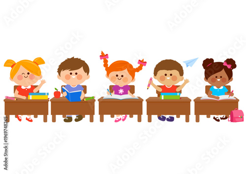 Students in the classroom sitting on their desks. School children read books and do their homework. Diverse girls and boys preschoolers. Vector Illustration