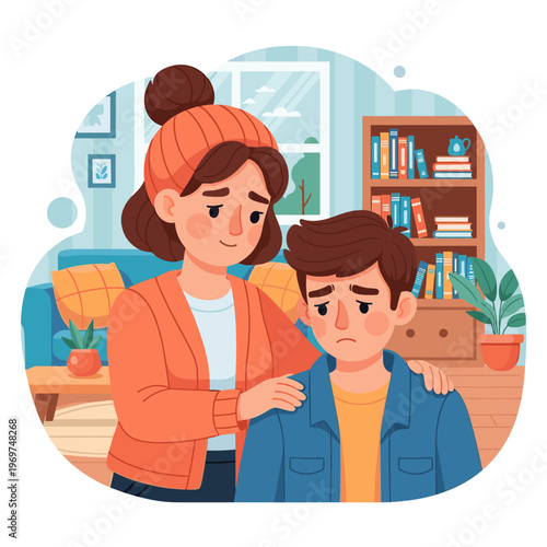 Mother comforting her sad son in a living room illustration