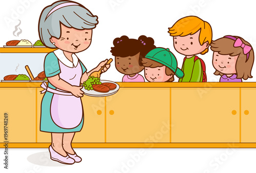 School cafeteria worker serving food to children students. Healthy meal for kids. Cute happy little boys and girls eating lunch at school canteen. Vector illustration 