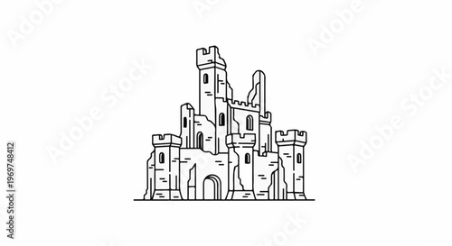 Stylized black outline of a ruined castle with towers and arches