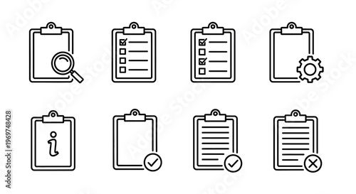 Versatile collection of minimalist outline icons featuring clipboard elements for effective task management, information display, and status tracking in digital user interfaces