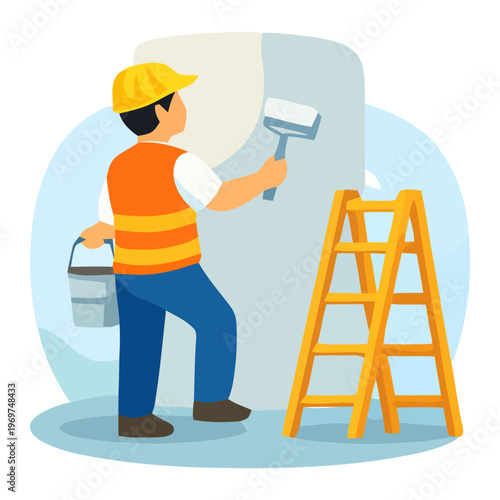 Flat illustration of construction worker painting wall using roller and ladder, representing renovation, finishing work and interior improvement.