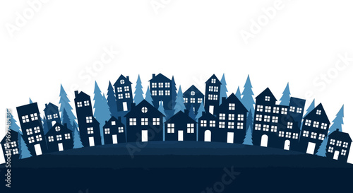 Charming Blue Cityscape Illustration with Cozy Houses and Pine Trees Under a Night Sky