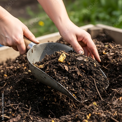 Hands preparing enriched garden soil in a raised wooden bed for planting