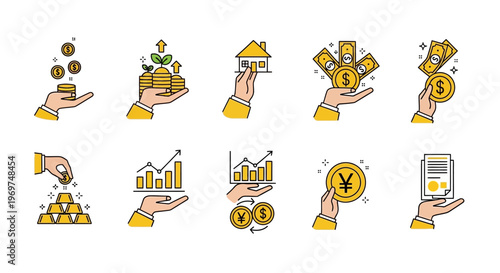 Collection of Financial and Business Icons Representing Investment, Growth, and Wealth Management
