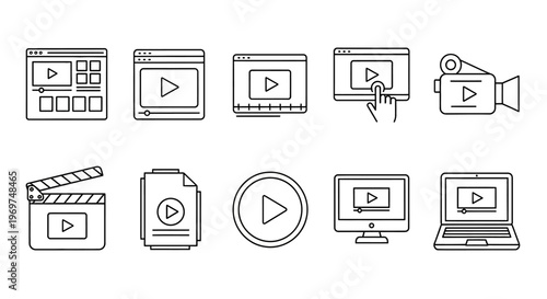 Diverse set of linear icons illustrating video technology, media players, digital content streaming, and film production elements for modern interface design