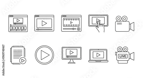 Collection of simple line art icons representing video playback, recording, and streaming technology on various devices and interfaces