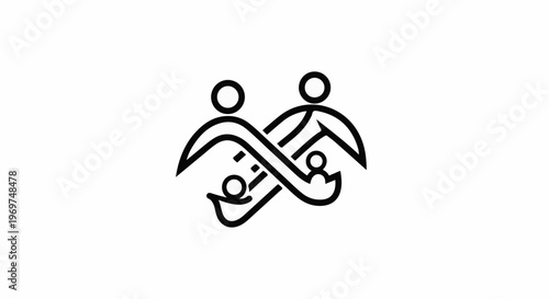 Stylized black outline of two adults and two children in a connected embrace