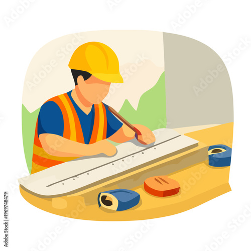 Builder in safety vest and helmet marking measurements on wood plank with pencil, preparing material for precise construction work.