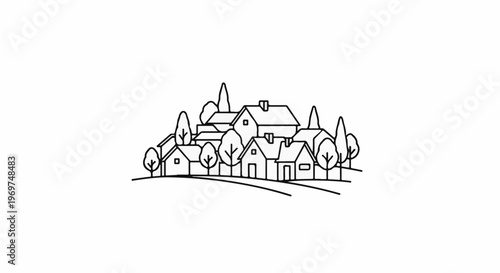 Stylized line drawing of a small cluster of simple houses and trees