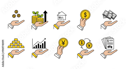 A comprehensive set of financial icons showcasing money management, investment growth, real estate assets, and global currency exchange. Perfect for business, economic, 