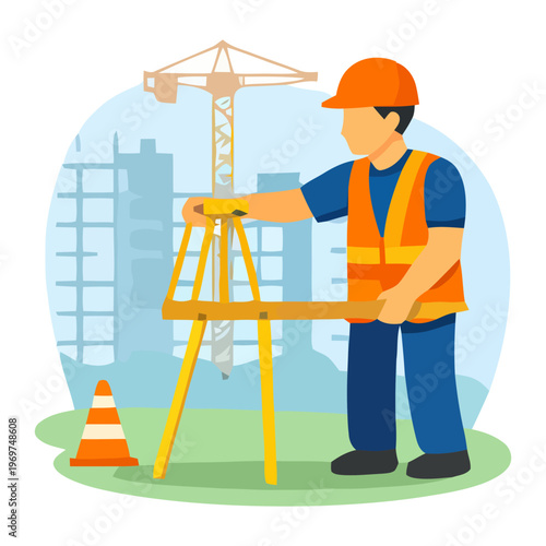 Construction surveyor operating leveling instrument on tripod, measuring land and ensuring accuracy for building layout and planning.