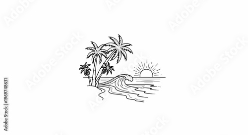 Stylized line drawing of a tropical beach scene at sunset with palm trees and waves