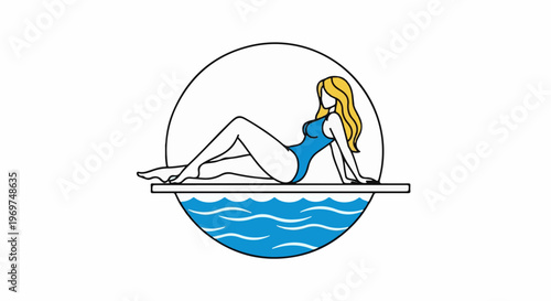 Stylized blonde woman in blue swimsuit relaxing by a pool