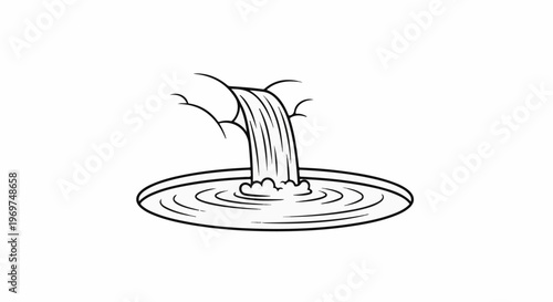 Stylized line drawing of a waterfall cascading into a circular pool