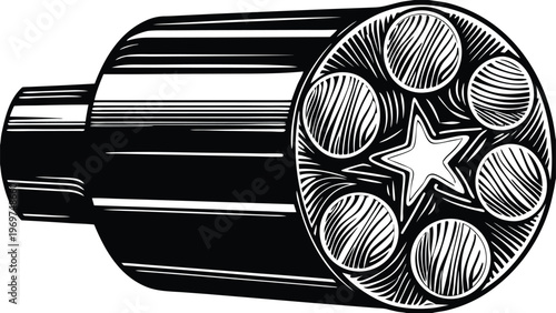 A black and white illustration of a revolver cylinder with cartridges