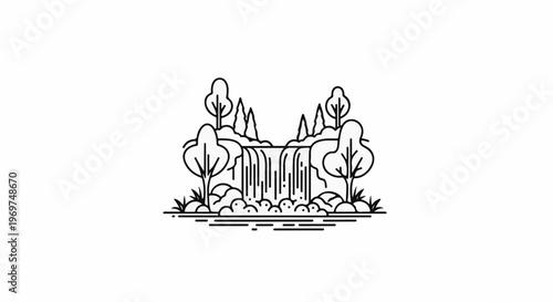 Stylized line drawing of a waterfall cascading into a pool surrounded by trees
