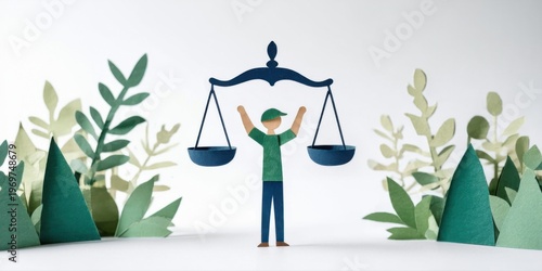 Papercraft illustration depicts person balancing scales amidst foliage. Simple design evokes justice, equality concepts. Minimalist aesthetic.