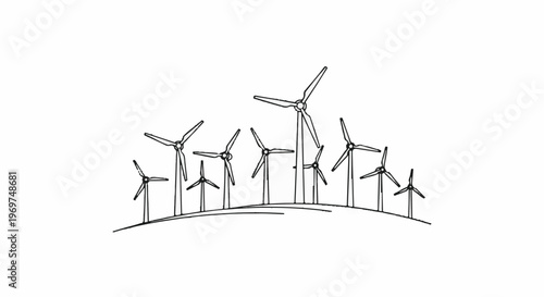 Stylized line drawing of a wind farm on a hill