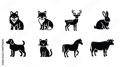 A collection of various animal icons including a wolf fox deer rabbit horse and cow in black silhouette high quality professional
