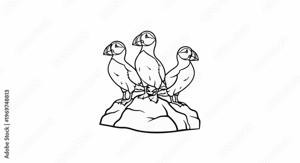 Fototapeta premium Three puffins perched on a rocky outcrop, black and white line drawing