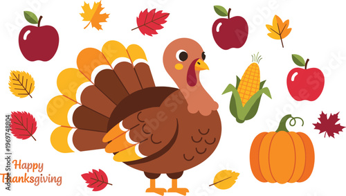 Happy thanksgiving greeting with a cheerful cartoon turkey and autumn elements, isolated on transparent / white background