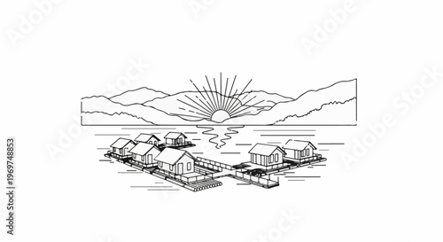 Sunrise over a village of floating houses on calm water