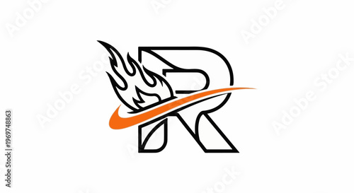Stylized capital letter R with orange swoosh and black flames