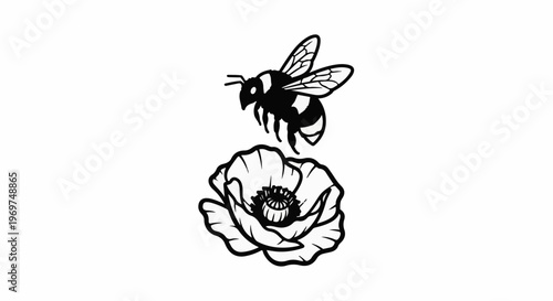 Stylized illustration of a bee flying towards a single poppy flower