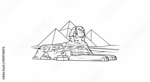 Stylized line drawing of the Great Sphinx with pyramids in the background