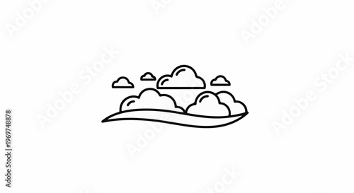 Stylized line drawing of fluffy clouds over a wavy horizon