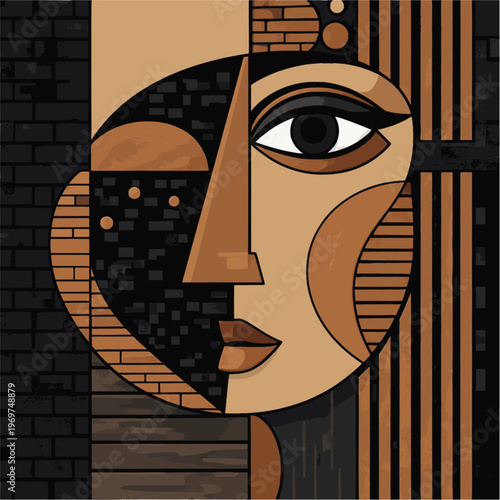 abstract geometric female face eye detail vector cubist portrait taupe mocha beige black background modern wall art