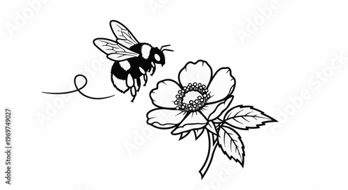 Stylized illustration of a bee hovering near a simple flower