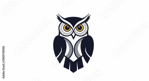 Stylized cartoon owl with striking yellow eyes and dark blue feathers