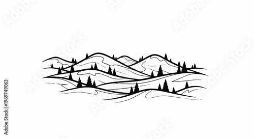 Stylized minimalist black and white illustration of rolling hills and evergreen trees