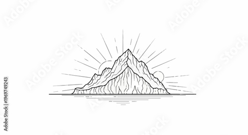 Stylized mountain peak with sunburst and water reflection