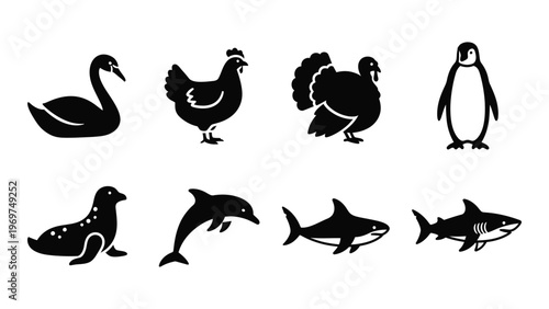A collection of various aquatic and avian animals depicted in black silhouettes showcasing their distinct forms silhouette high quality professional detailed