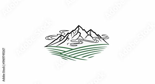 Stylized mountain peaks with flowing clouds and layered green hills