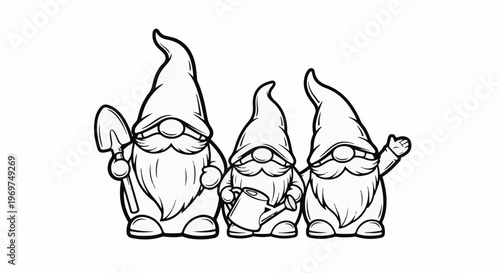 Three stylized garden gnomes stand side-by-side, one with shovel, one with watering can